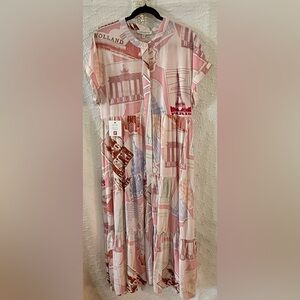 Printed Pink Maxi Dress with Travel Motif - Unbranded
